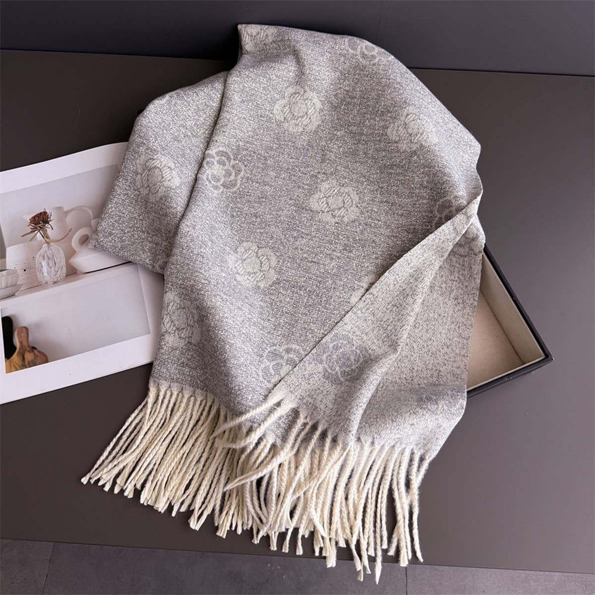 Elegant Camellia Cashmere Feel Tassel Scarf Wrap_Cwasc03244