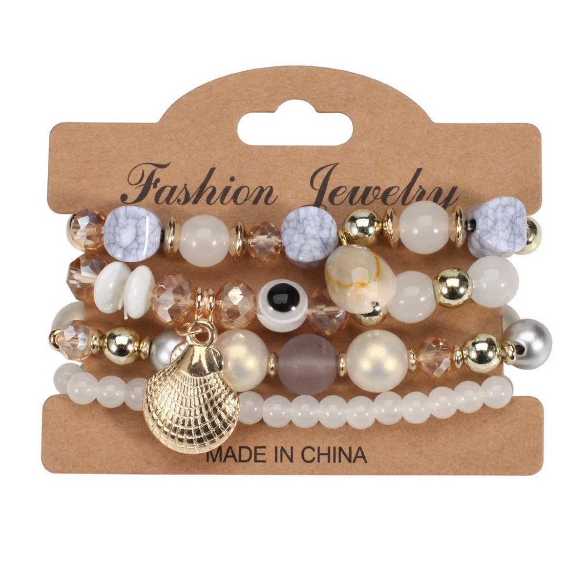 Cwaje05692_Boho Shell Pearl Elastic Evil Eye Bracelet