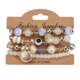 Cwaje05692_Boho Shell Pearl Elastic Evil Eye Bracelet