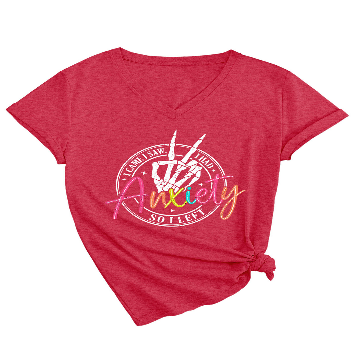 Trendy V-Neck Tee I Came Saw Print