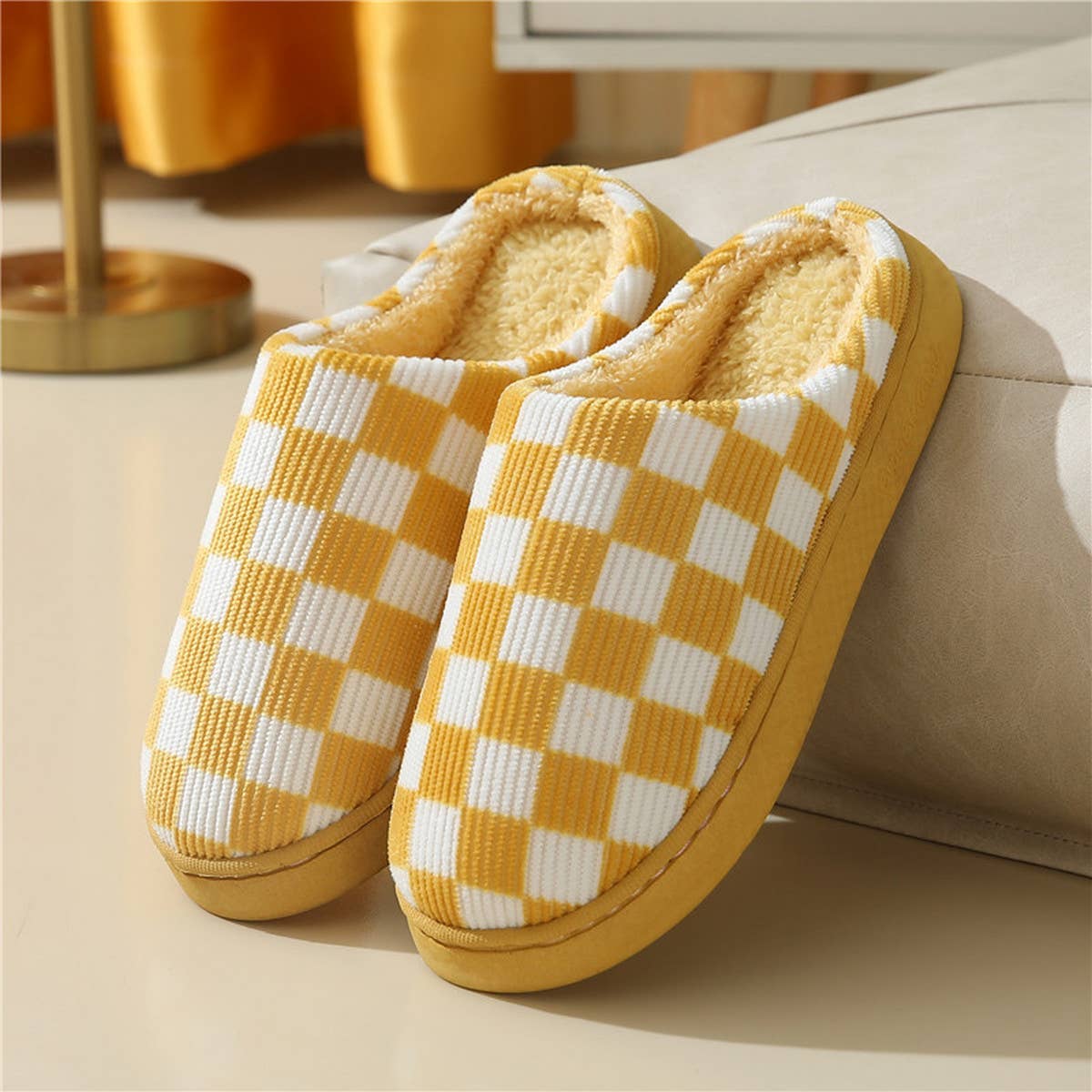 Household Simple Checkered Cotton Slippers_Cwshs0332