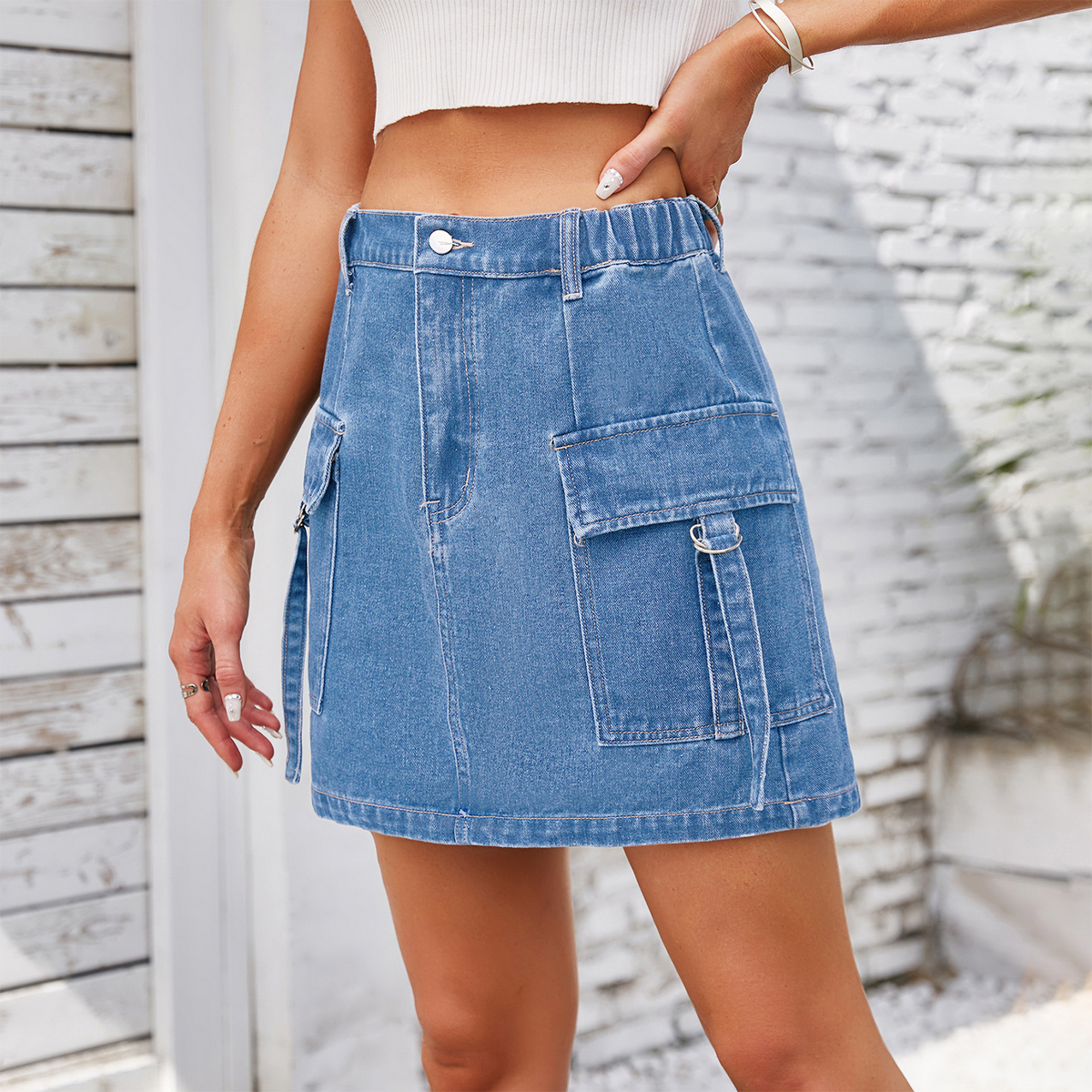 Wome Washed Denim Cargo Mini Skirt_Cwjsk0210