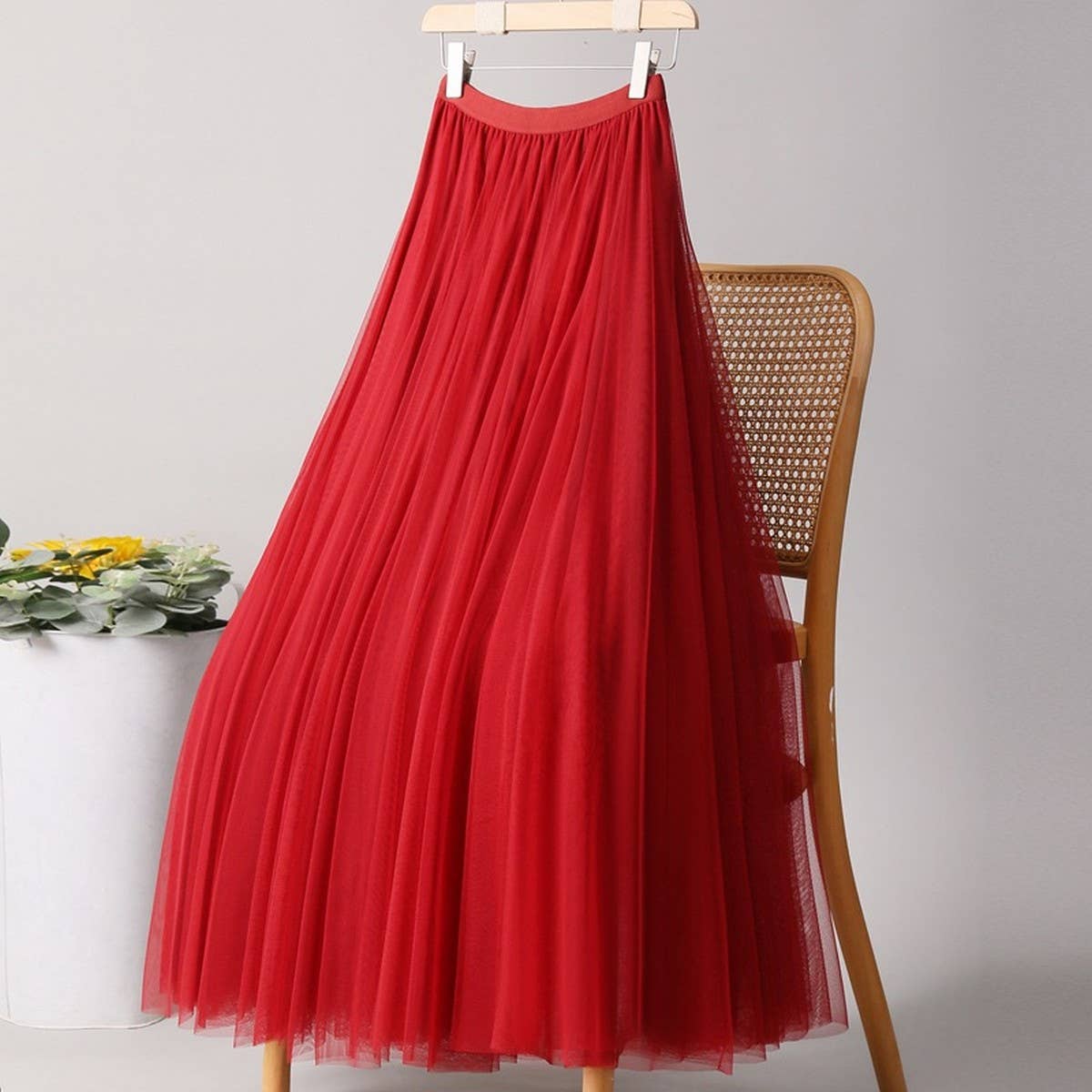 SOLID COLOR ELASTIC WAIST MESH TULLE A LINE SKIRT_CWBLS0372