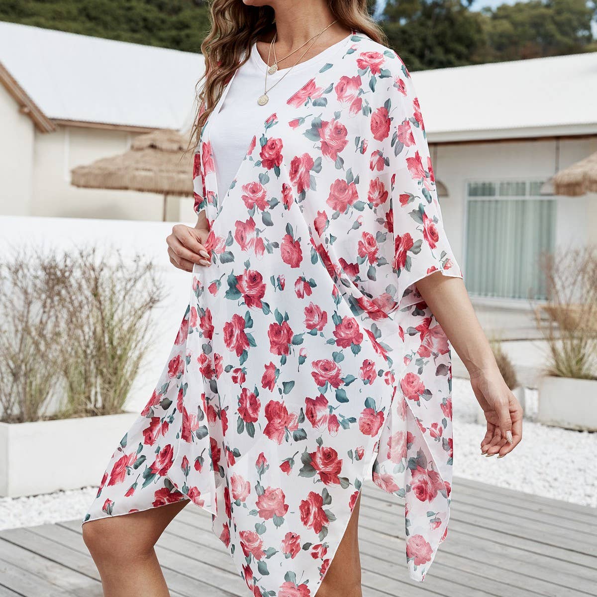 FLORAL PRINT FRONT OPEN KIMONO FOR SUMMER VACATION_CWASC0780