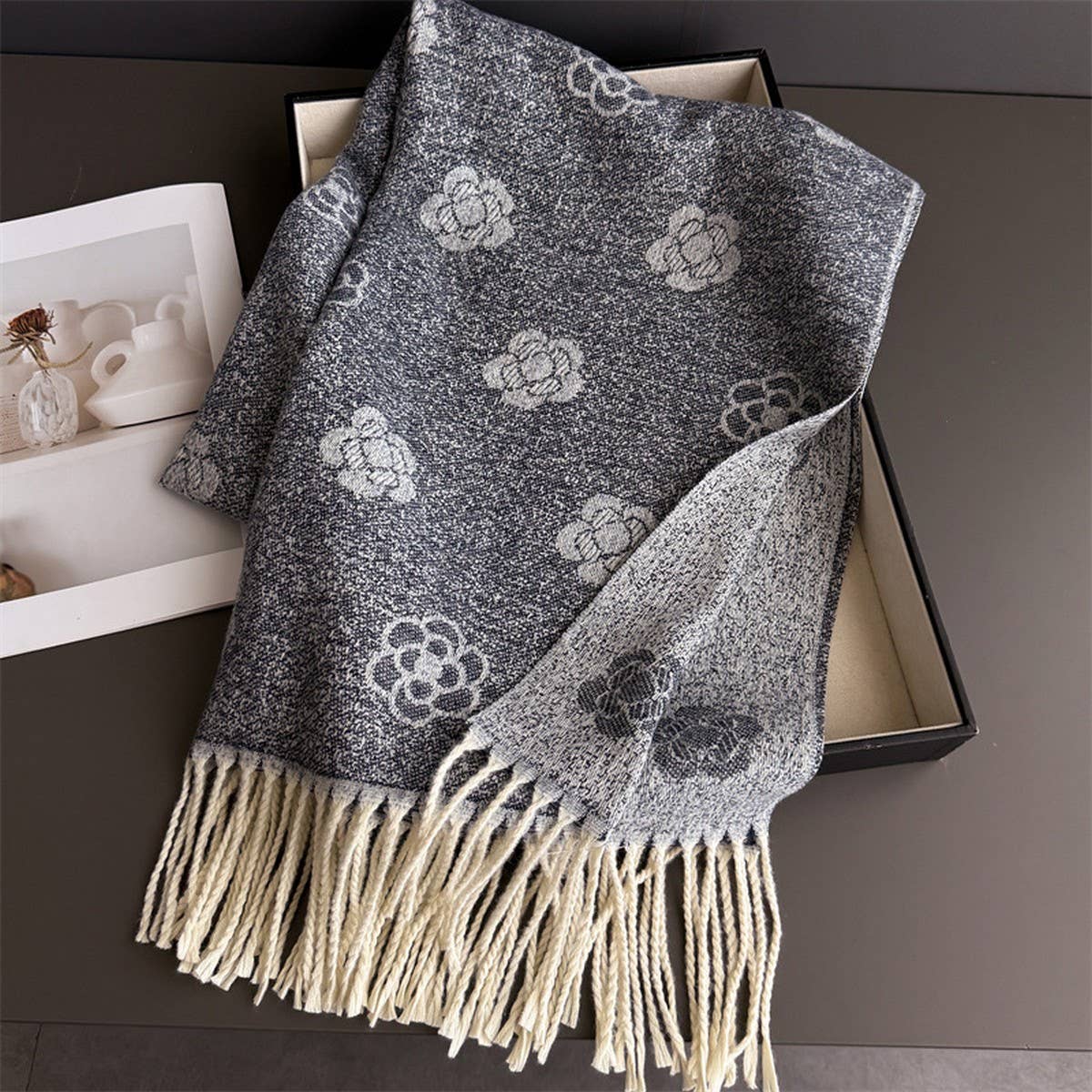 Elegant Camellia Cashmere Feel Tassel Scarf Wrap_Cwasc03244