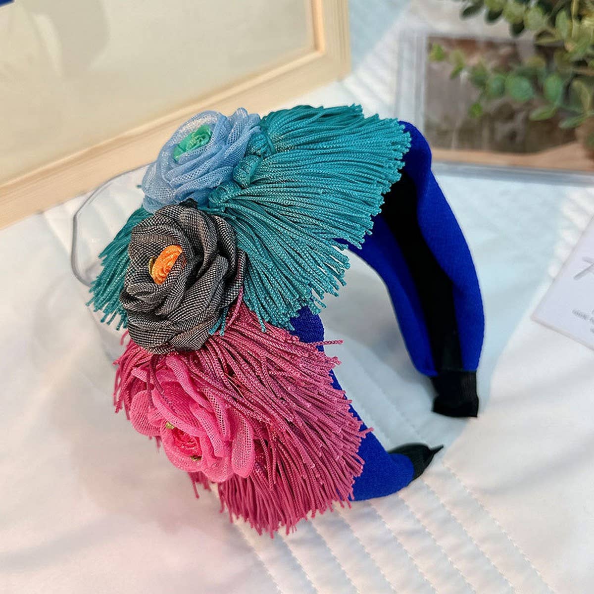 FLORAL FABRIC HEADBAND BOLD TASSEL HAIR ACCESSORY_CWAHA5662