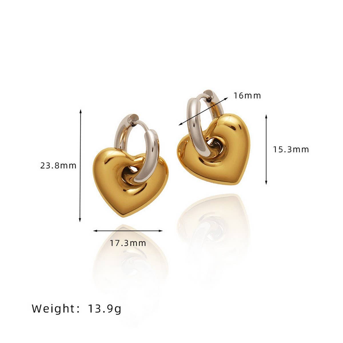 Unique Two-Tone Heart Clip Earrings Silver Plated