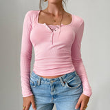 Y2K Slim Trim Lace Button U Neck Ribbed Top