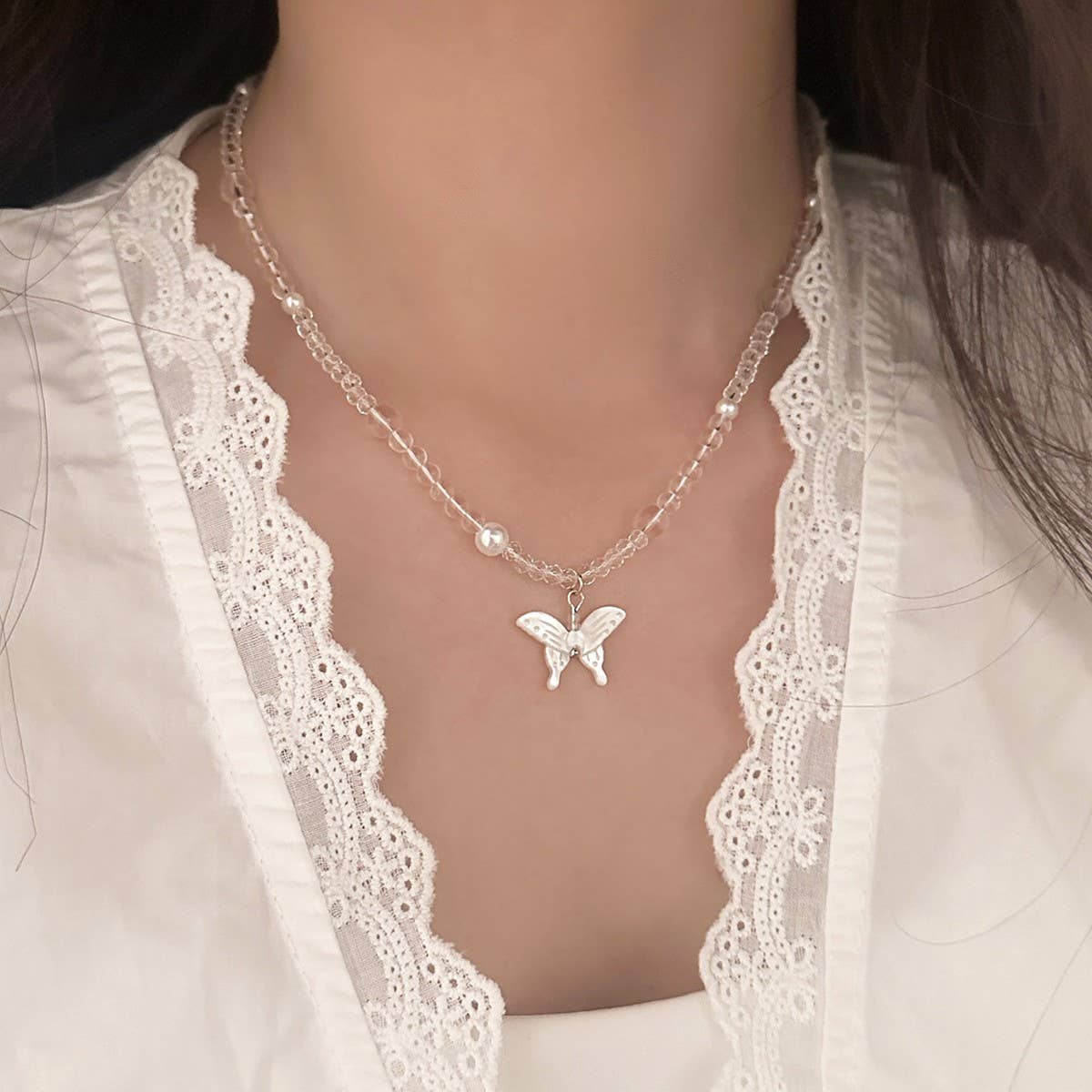 Transparent Crystal Beaded Butterfly Necklace