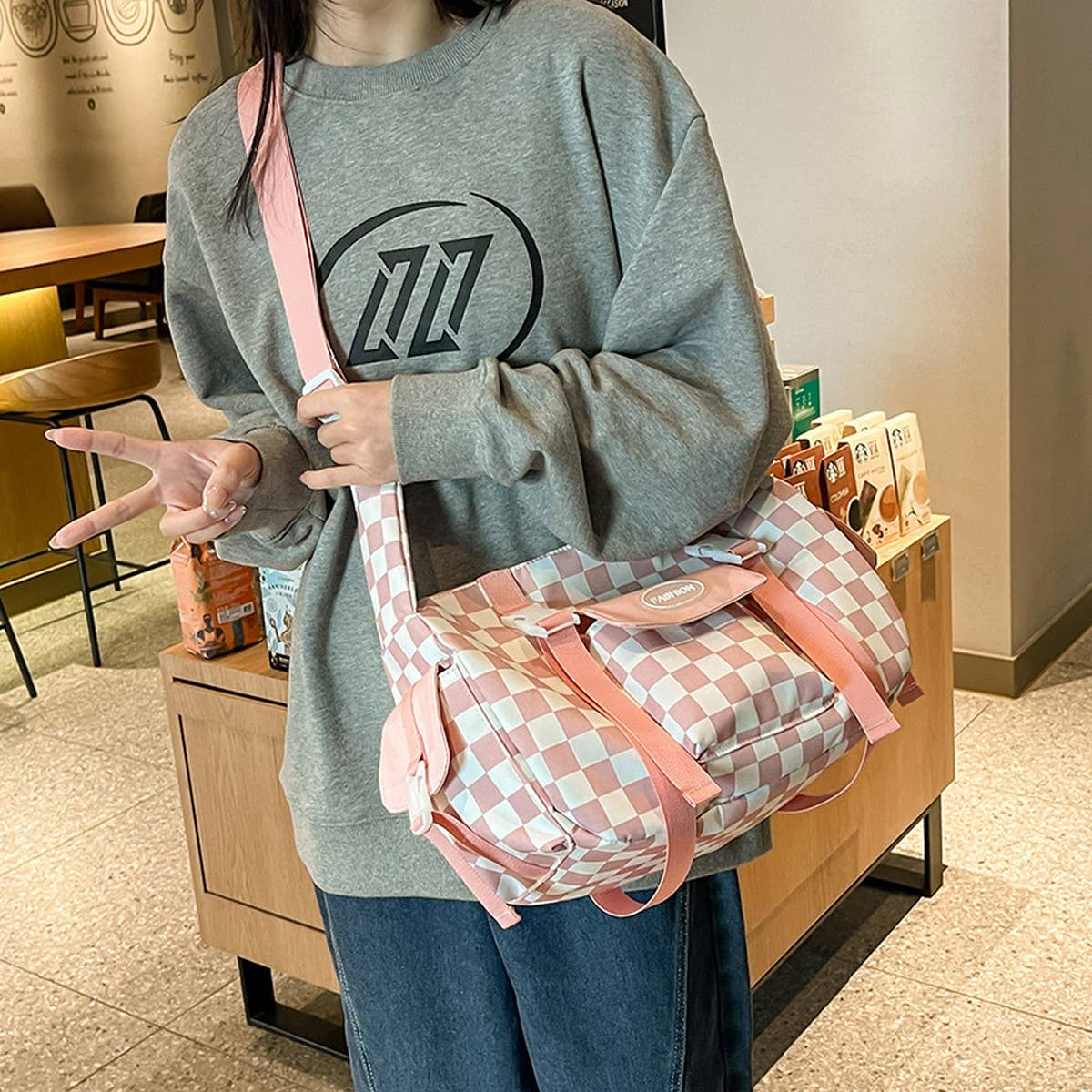 Plaid Large Capacity Shoulder Canvas Bag_Cwab1600