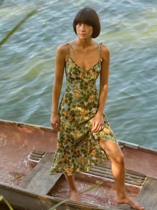 V-Neck Lace-Up Midlength Halter Dress With Waist