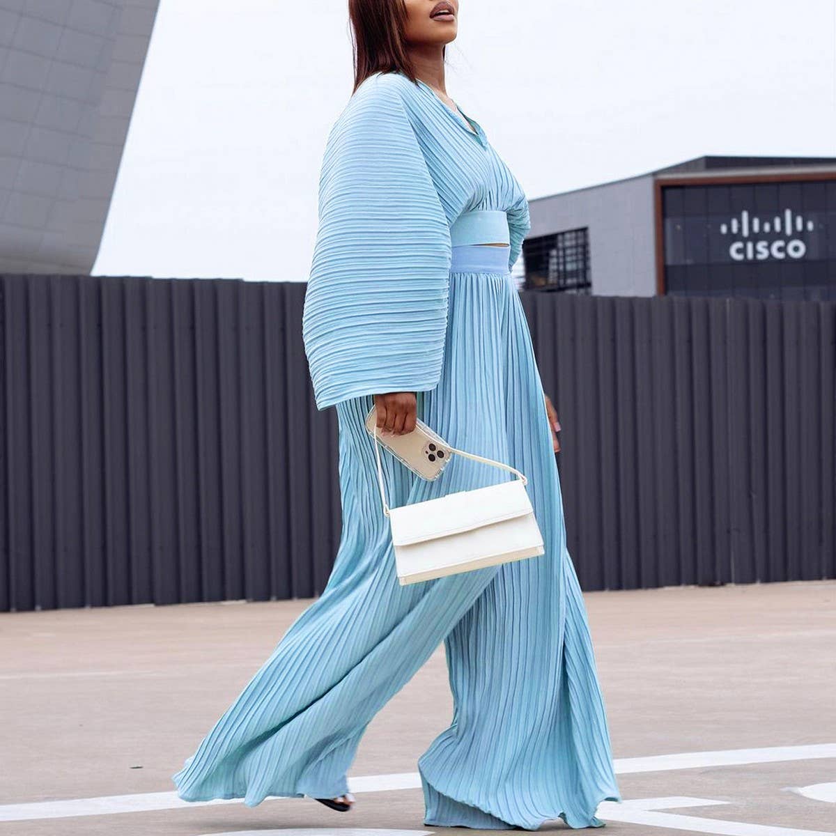 PLEATED V NECK TOP AND WIDELEG PANTS TWO PIECE SET_CWSTB1138