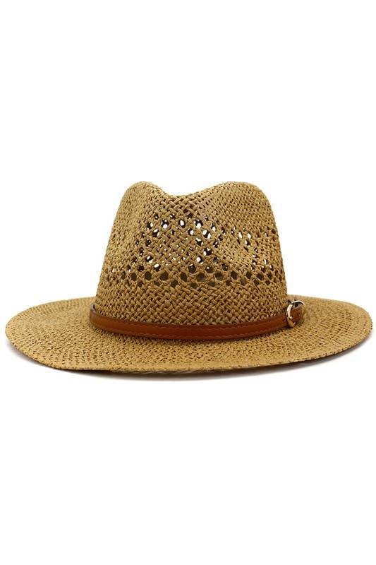 BROWN BELT VENTED WEAVE STRAW HAT_CWAH081