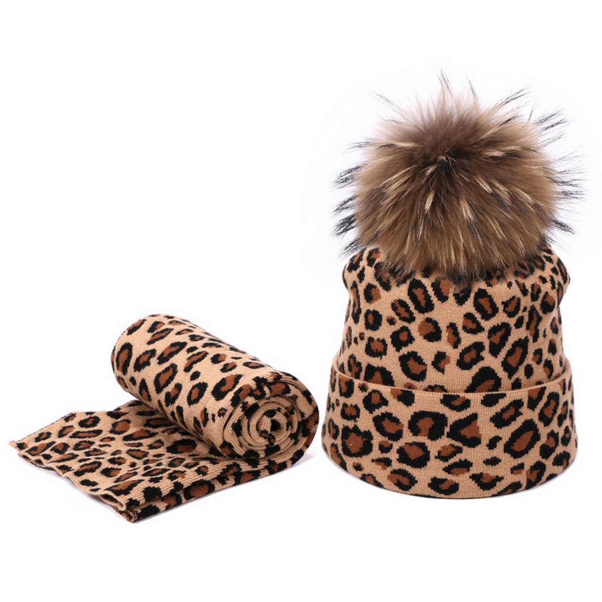 Leopard Knit Beanie With Pom & Scarf Set_Cwah04988