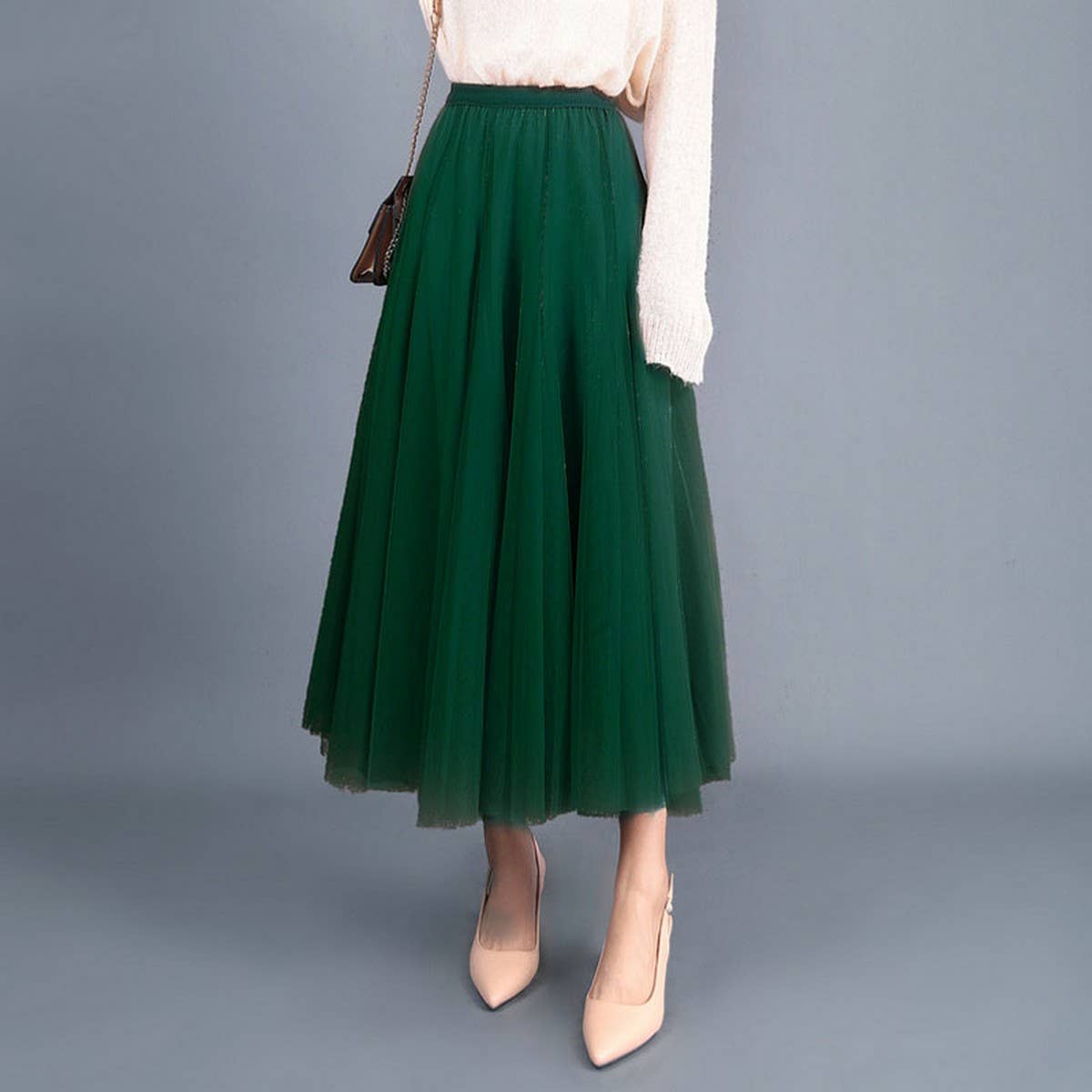 HIGH WAIST TULLE A LINE PLEATED MIDI SKIRT_CWBMS0378
