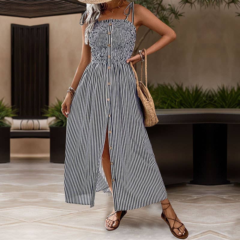 Striped One-Breasted Dress With Halter Straps