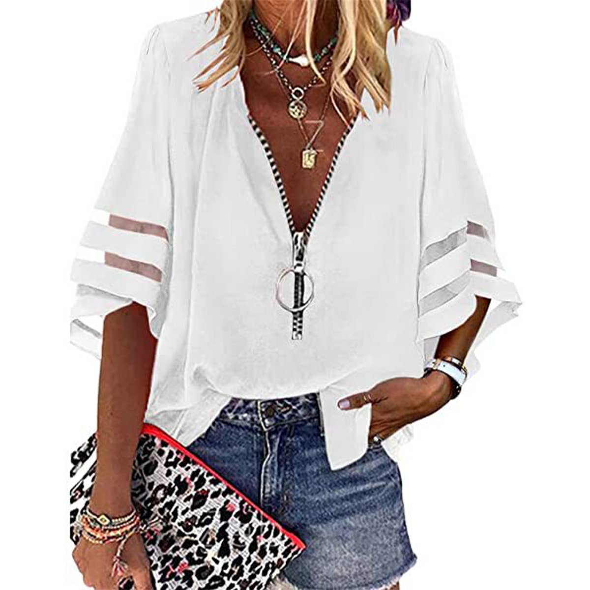 V-Neck Zipper Half Horn Sleeve Mesh Loose Shirt