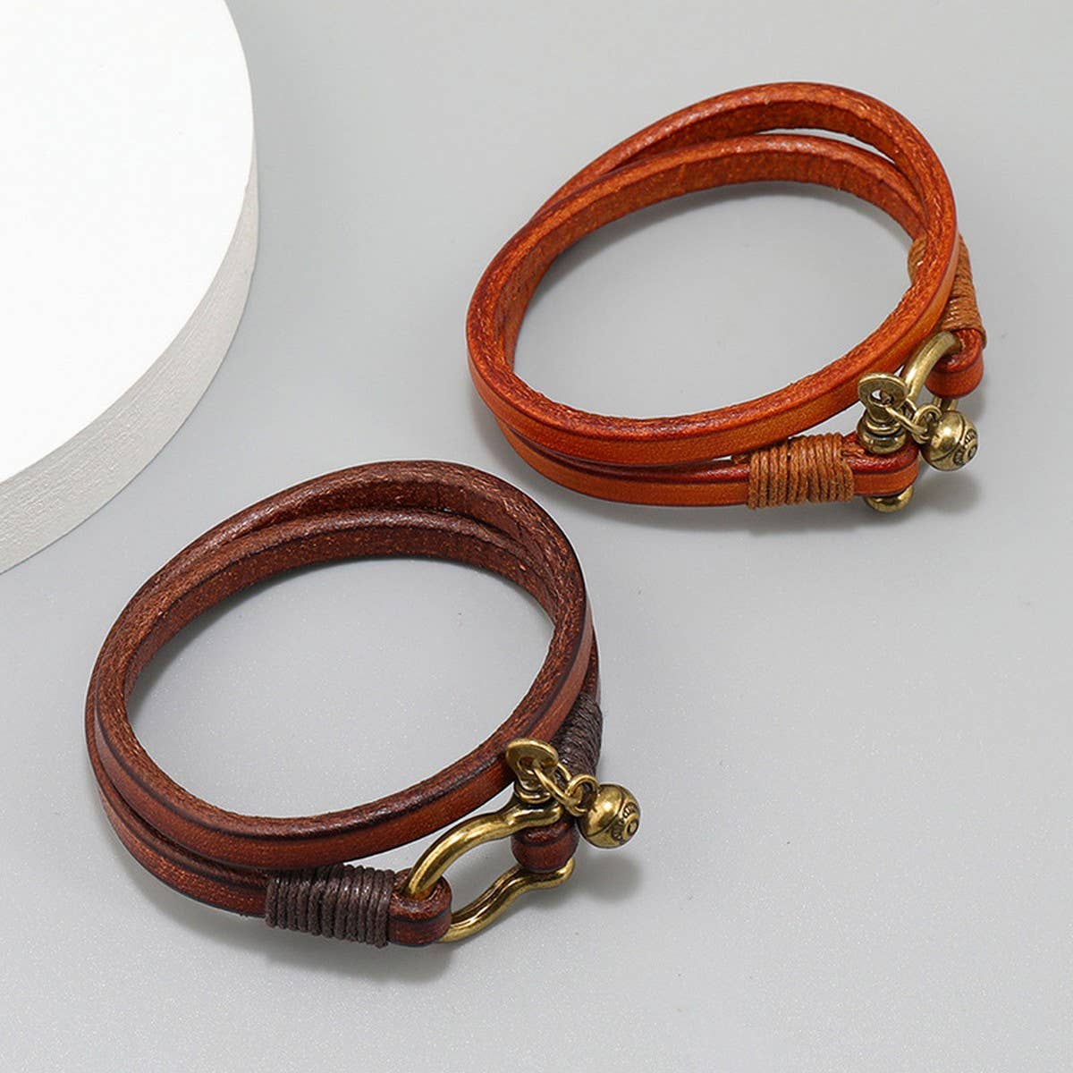 CREATIVE RETRO TWO CIRCLE MENS LEATHER BRACELET_CWMM4507