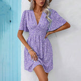 V-Neck Print High-Waisted Floral Pleat Dress