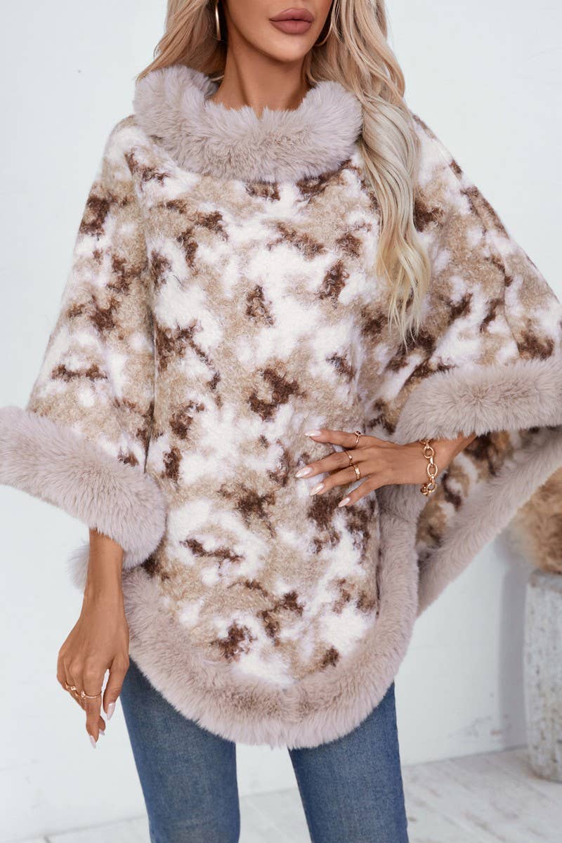 Cwosws0092_Leopard Print Knitted Cape With Fur Collar
