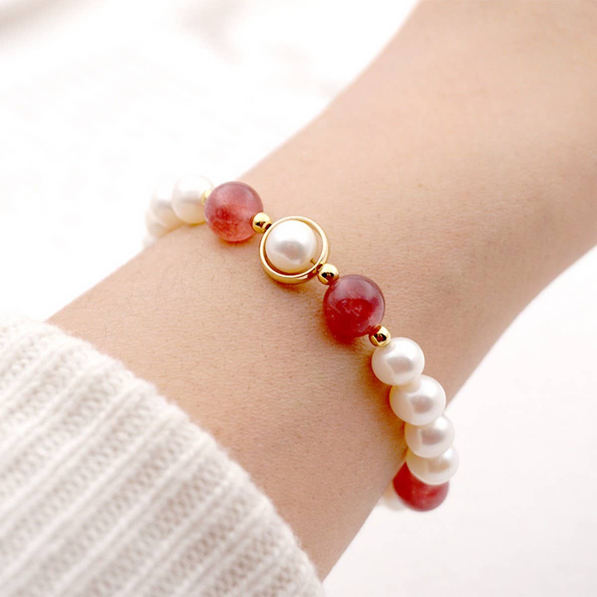 STRAWBERRY QUARTZ FRESHWATER PEARL BRACELET_CWAJE1689
