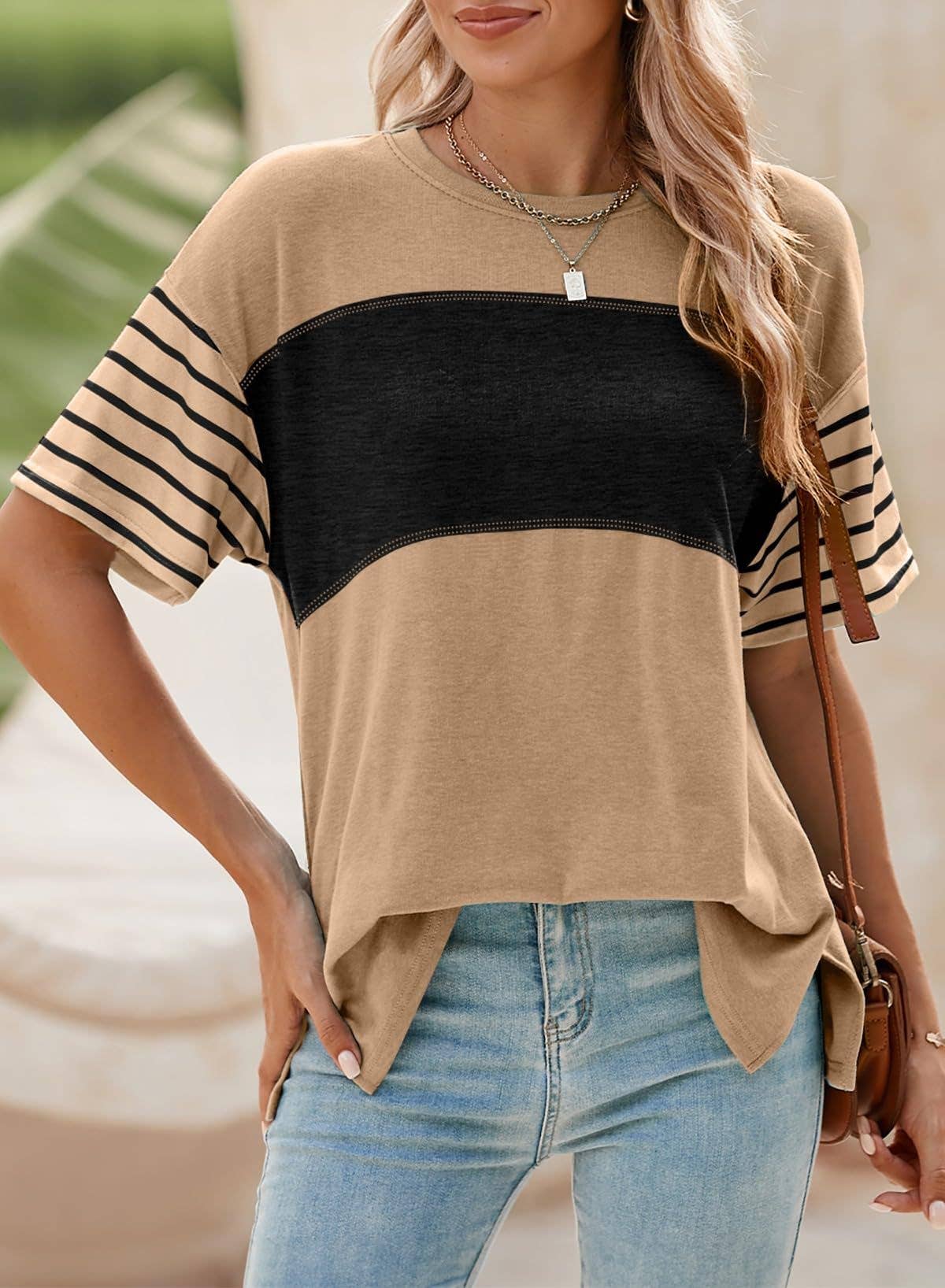Womens Colorblock Striped Crew Neck Tee