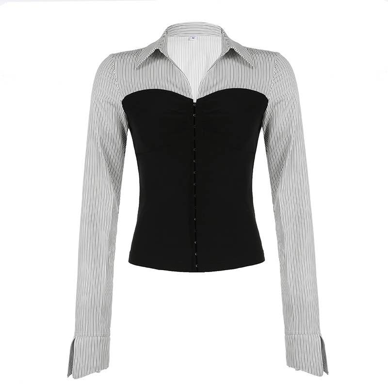 Waist Slim-Fit Lapel Color Striped Shirt