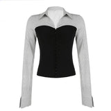 Waist Slim-Fit Lapel Color Striped Shirt