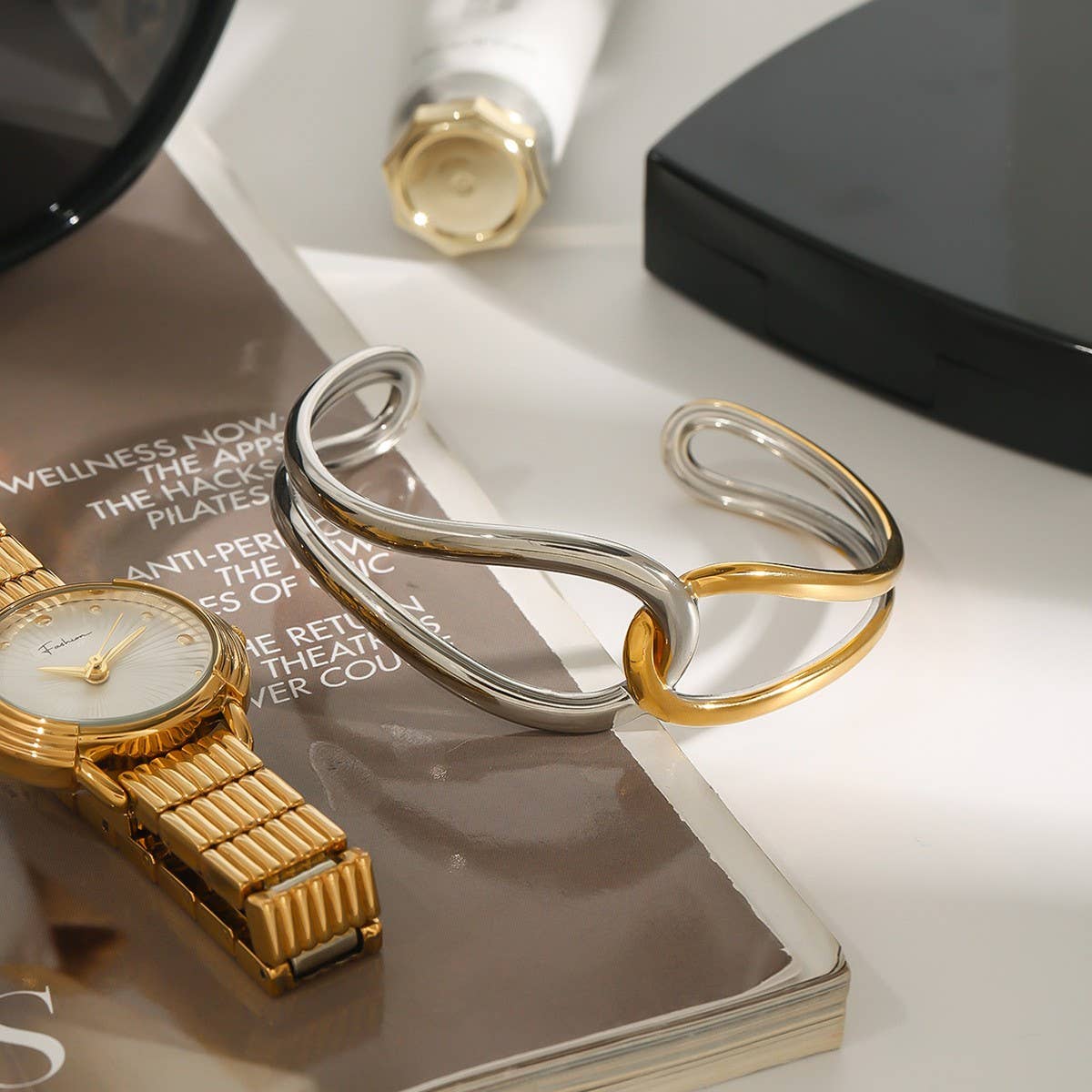 18K GOLD SILVER TWIST KNOT HOLLOW OPEN CUFF_CWAJE4861