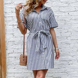 Striped Lapel Lace-Up Shirt Dress