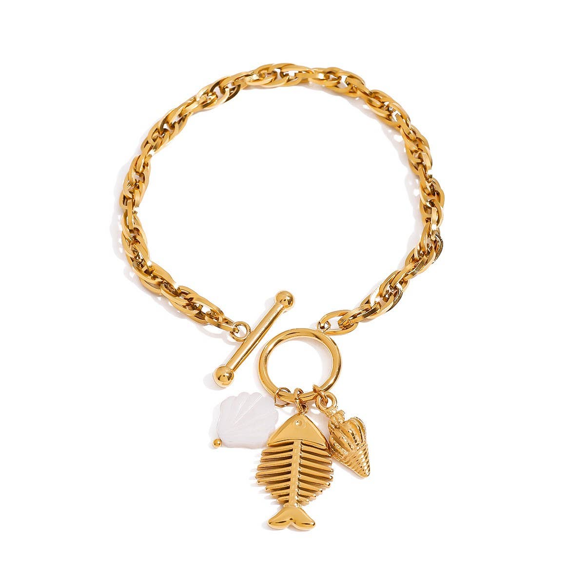 FISHBONE SHELL CHARM BRACELET 18K GOLD STEEL_CWAJE4752