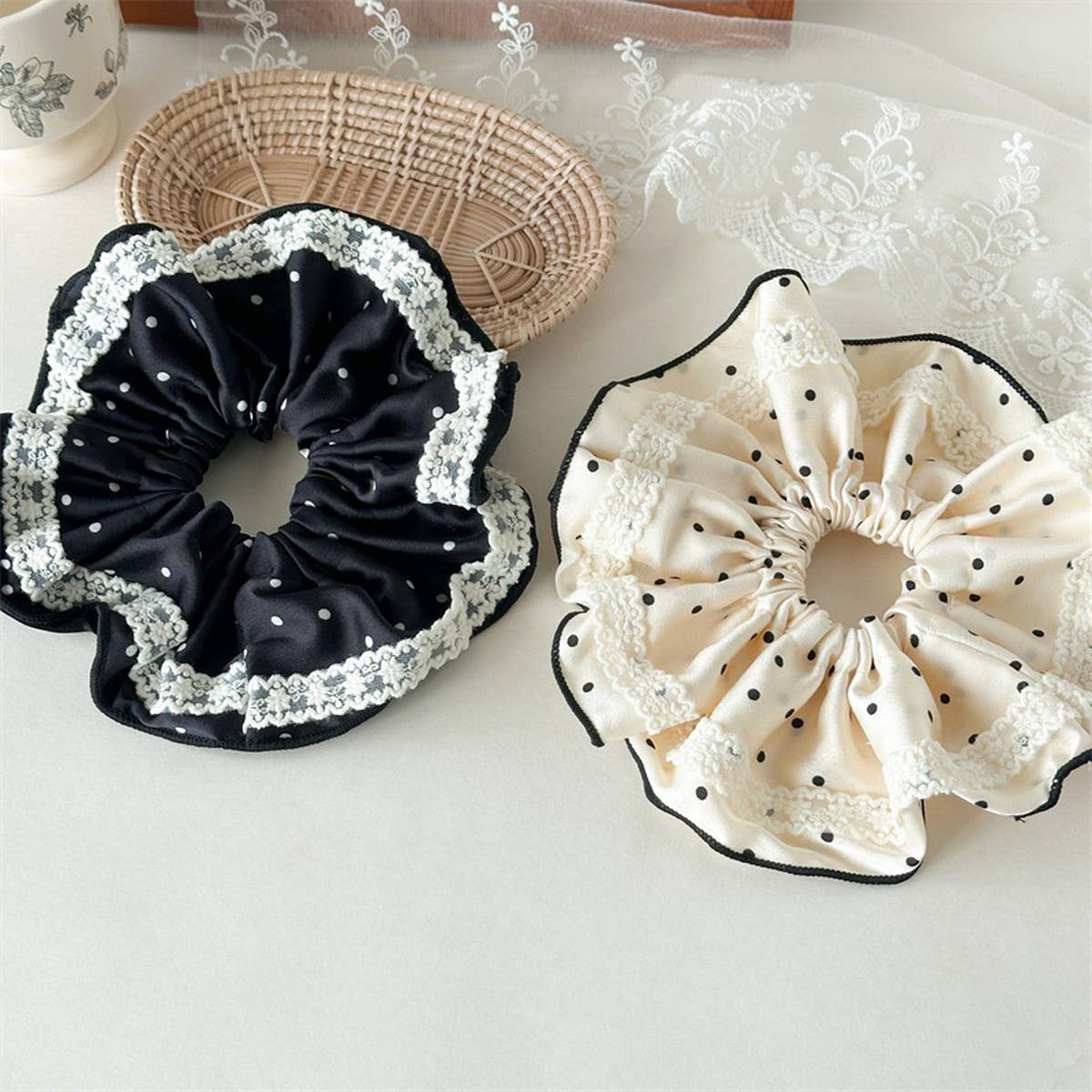 Lace Polka Dot Satin Scrunchie Hair Tie_Cwaha07669