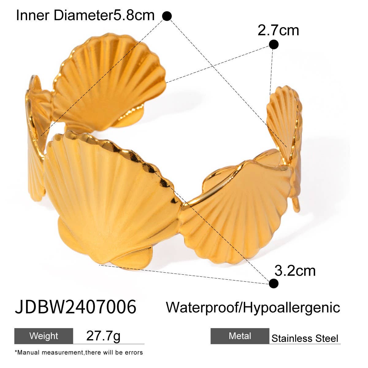 Vintage 18K Gold Large Shell Open Cuff Bracelet