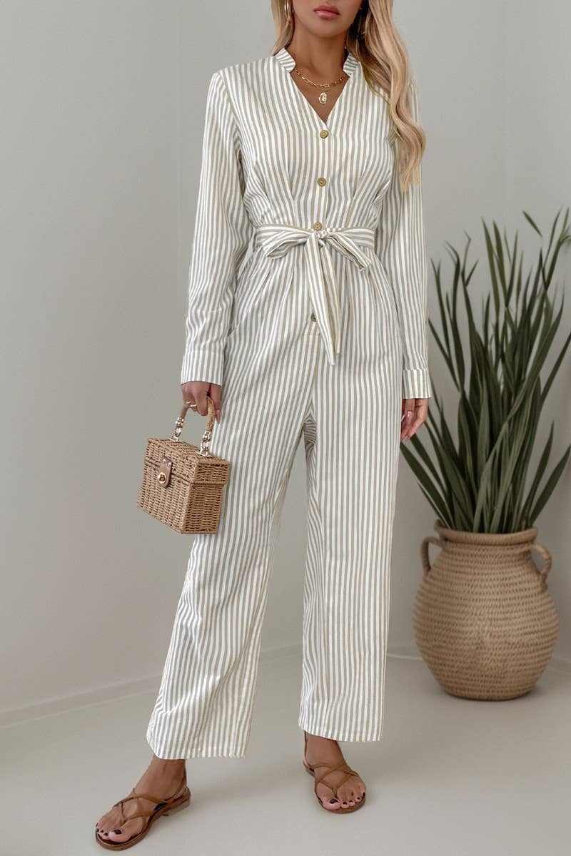 Cwsbsl0134_V-Neck Commuter Style Striped Lace-Up Jumpsuit