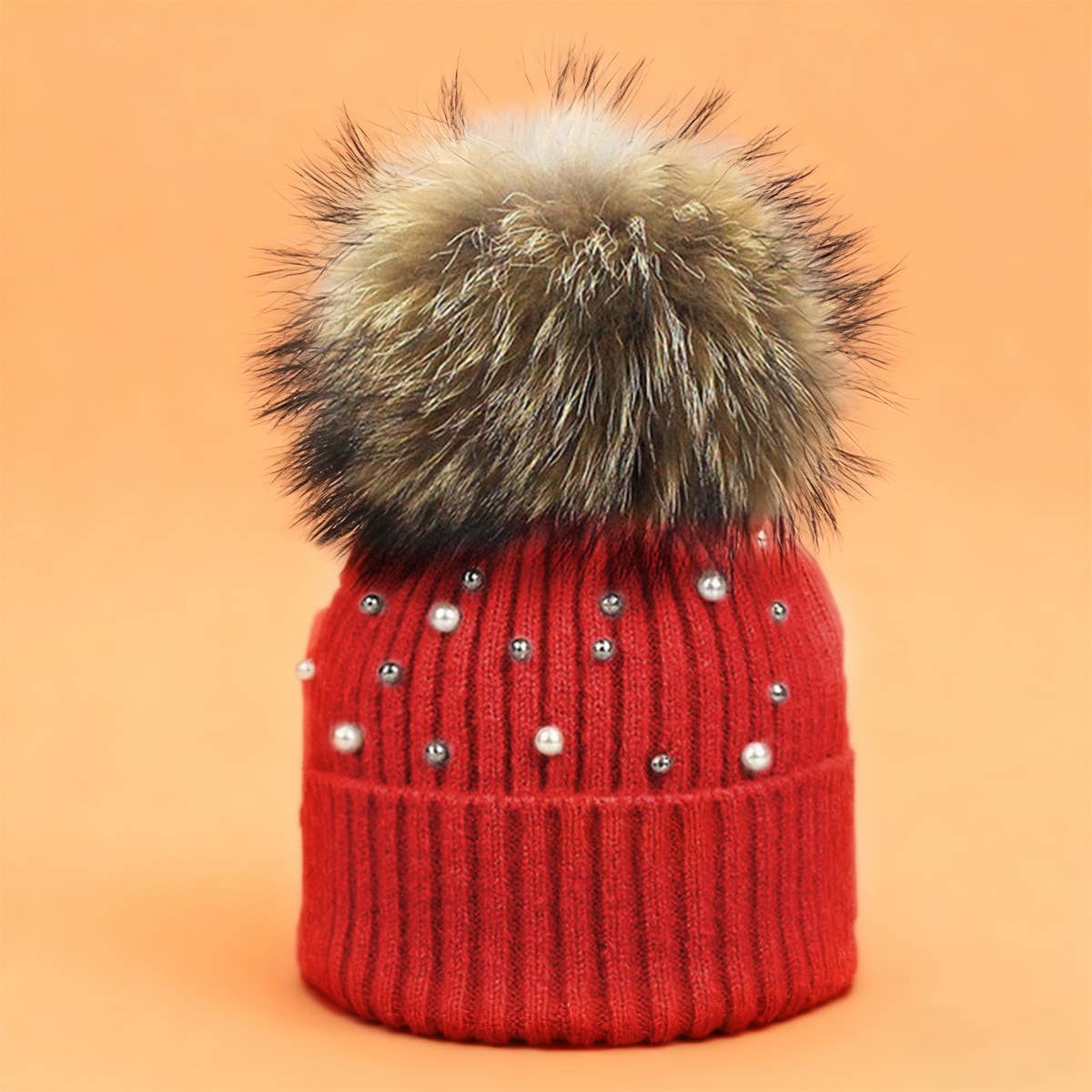 Women¡¯S Knit Beanie With Pearl & Fur Pom_Cwah04987