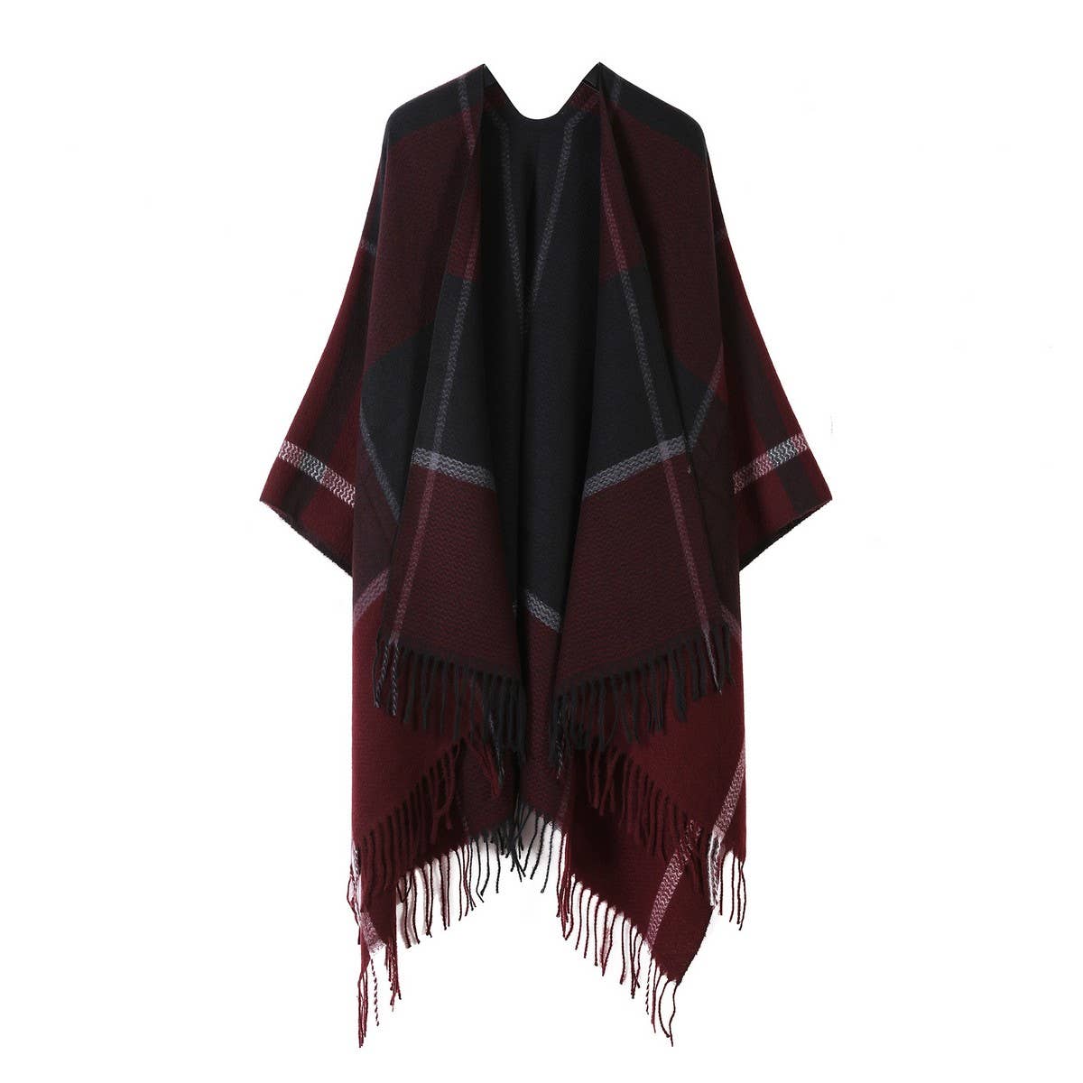 FRINGED SHAWL PLAID SCARF FAUX CASHMERE SLIT CAPE_CWASC2258
