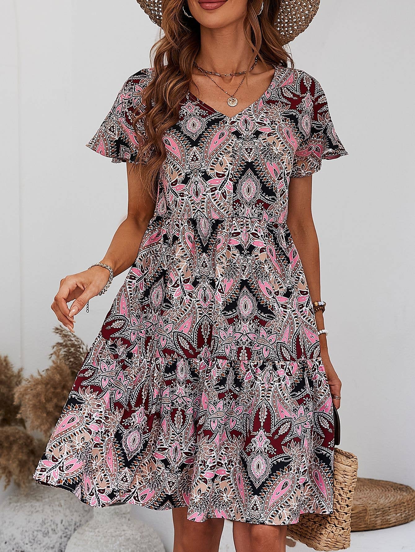 V-Neck Loose Holiday Print Lotus Sleeves Dress