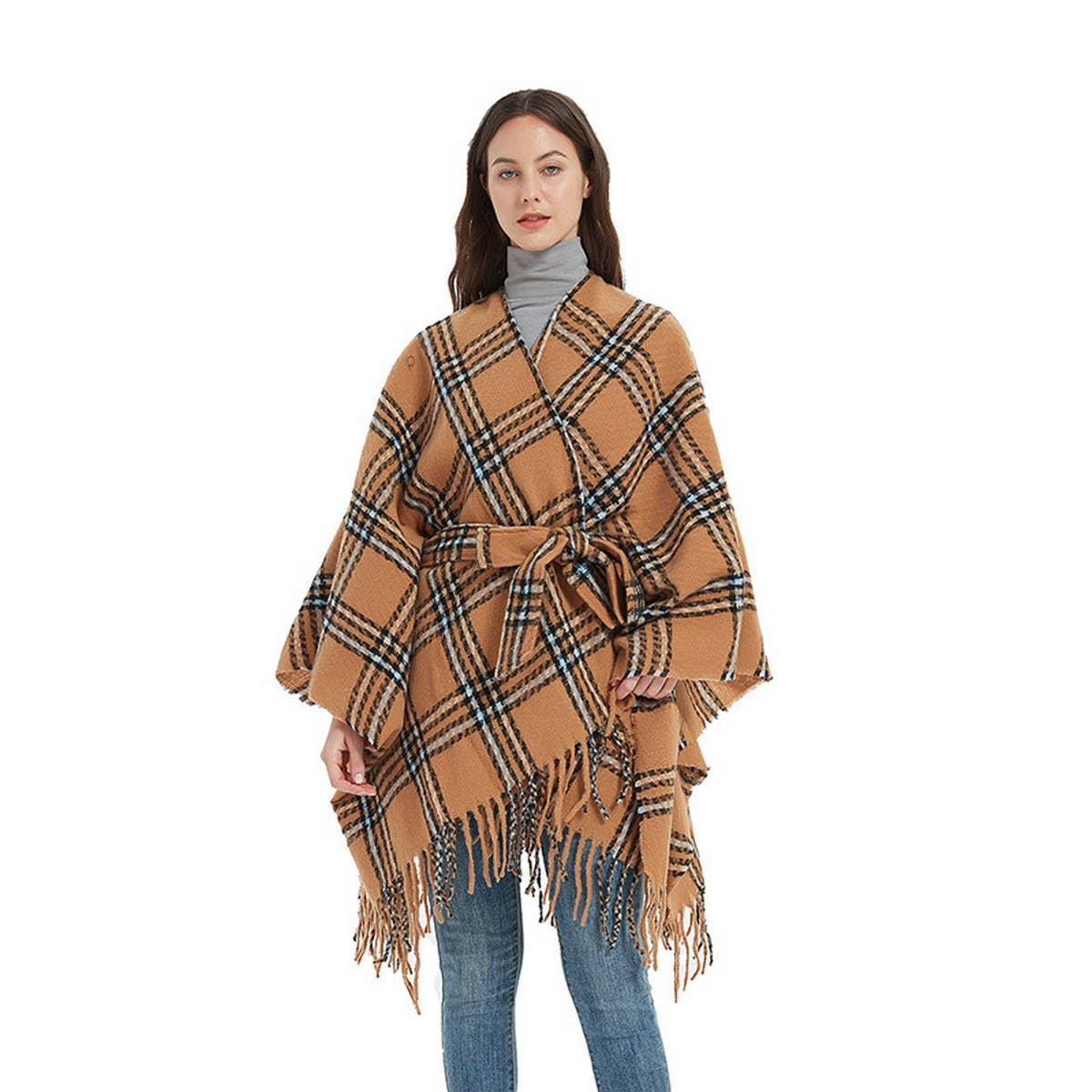 PLAID FRINGED CARDGAN WARM SHAWL CLOAK_CWASC0266