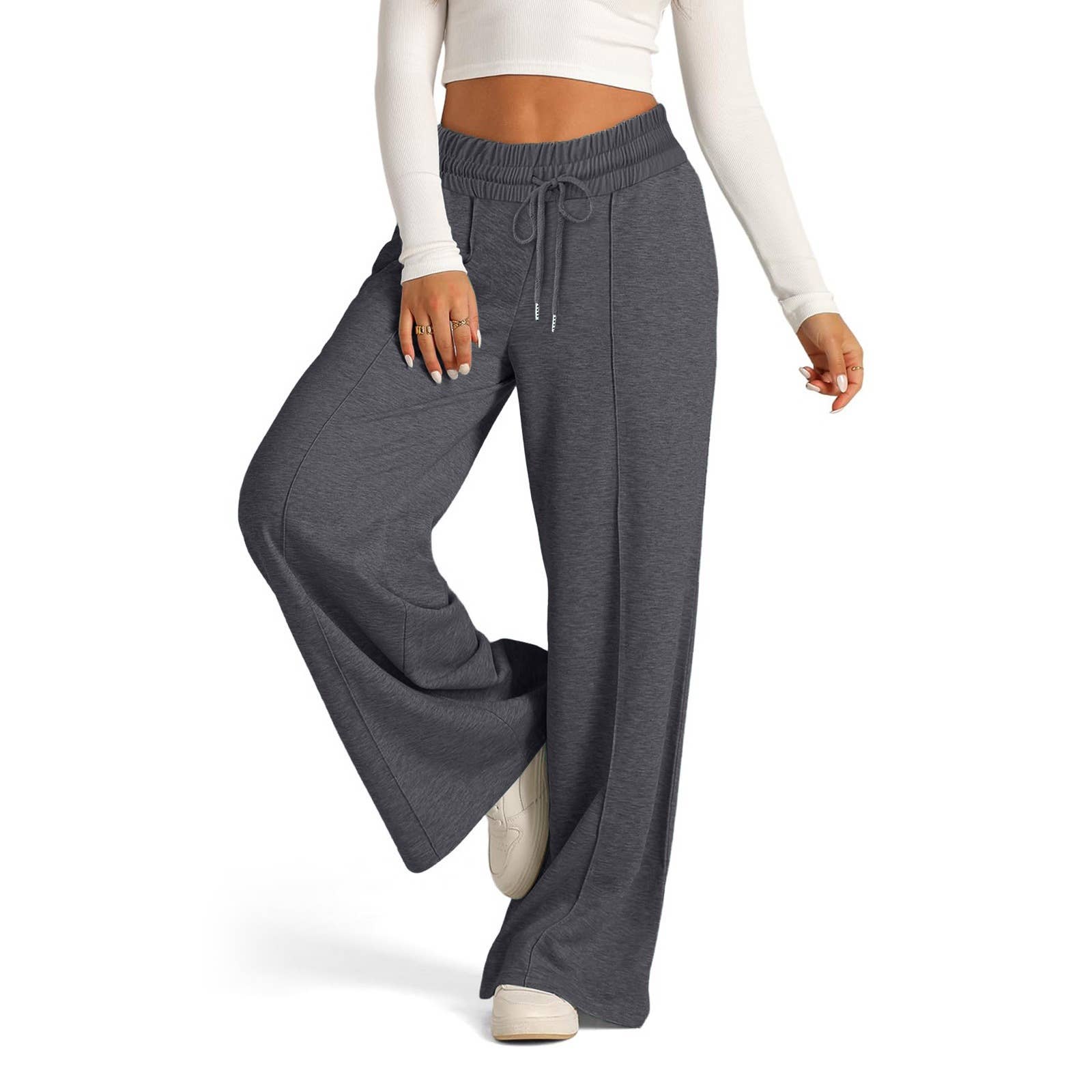 Tethered Solid Color Waist Fashion Wide Leg Pants