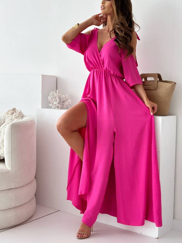 V-Neck Slit Shoulder Sleeves Sexy Halter Dress