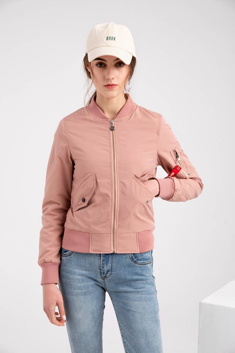 Solid Color Zipper Bomber Jacket