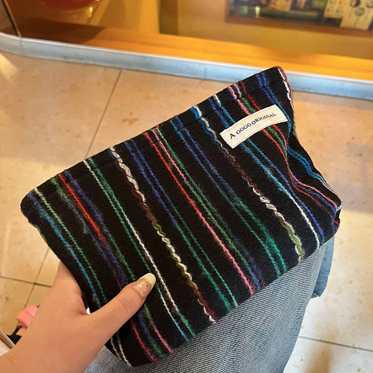 Wool Striped Makeup Bag Large Travel Wash Pouch_Cuab00718