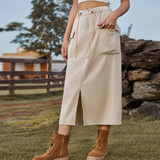 Washed Denim Cargo Skirt With Slit For Women_Cwjsk0197