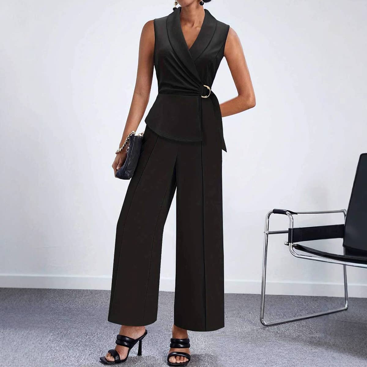 Wrap Style Lace-Up Suit Pants Wide-Leg Jumpsuit