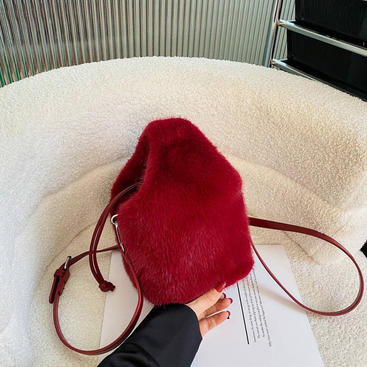 PLUSH BUCKET BAG WOMEN HANDBAG CROSSBODY TOTE_CUAB00547