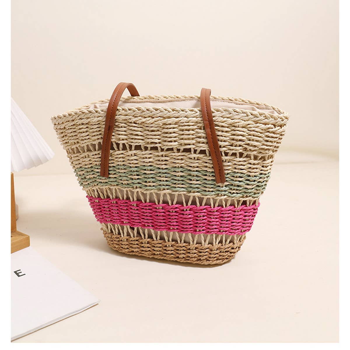 COLORFUL STRIPED SHOULDER STRAW BAG_CWAB1865