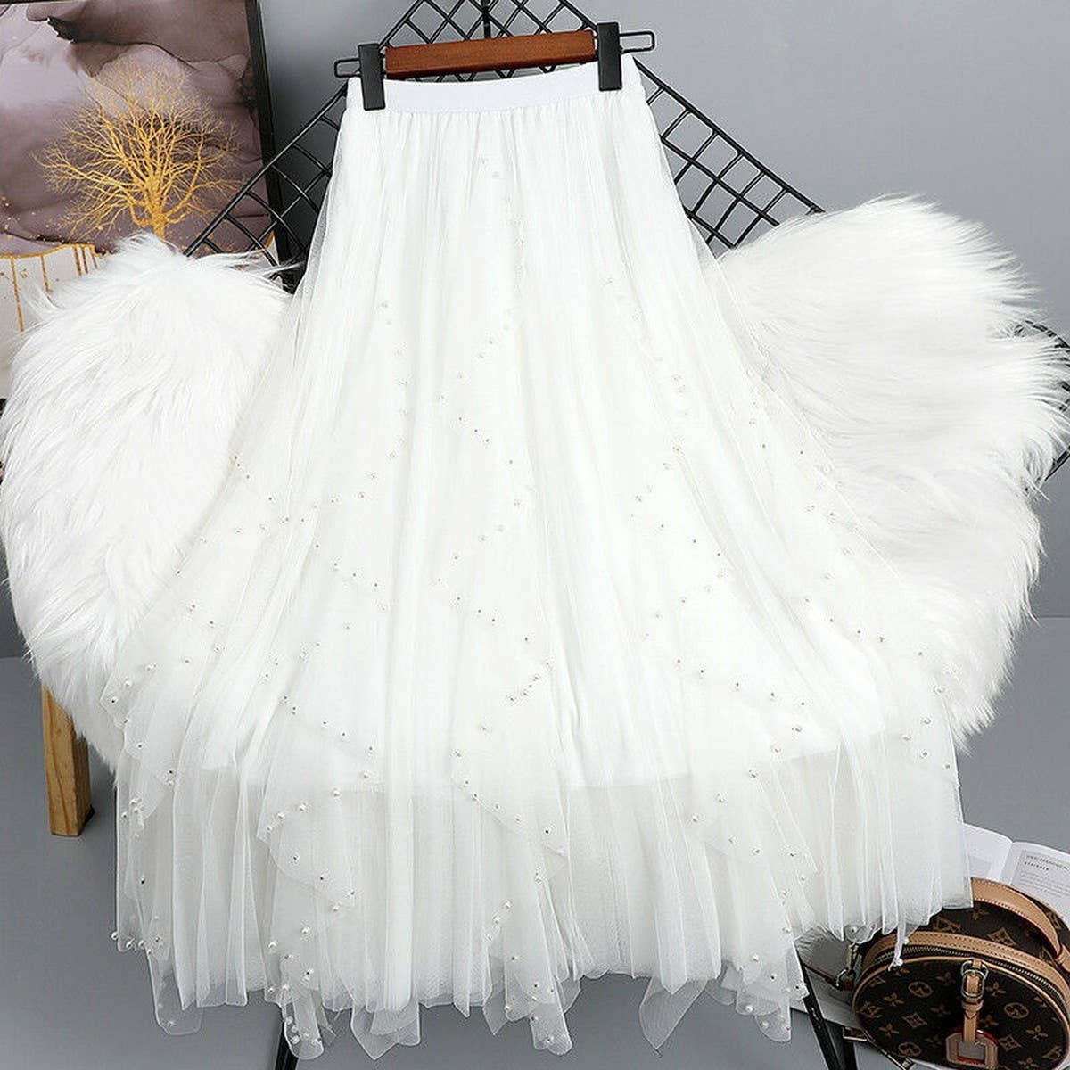 BEADED MESH PLEATED SKIRT A LINE TULLE SKIRT_CWBLS0398