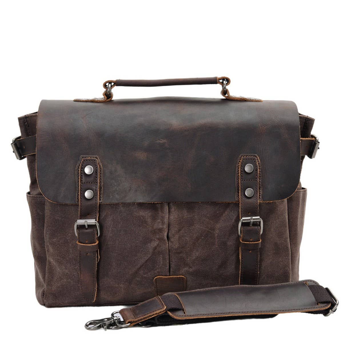 MENS RETRO WAXED CANVAS LEATHER MESSENGER BAG_CWAB5559