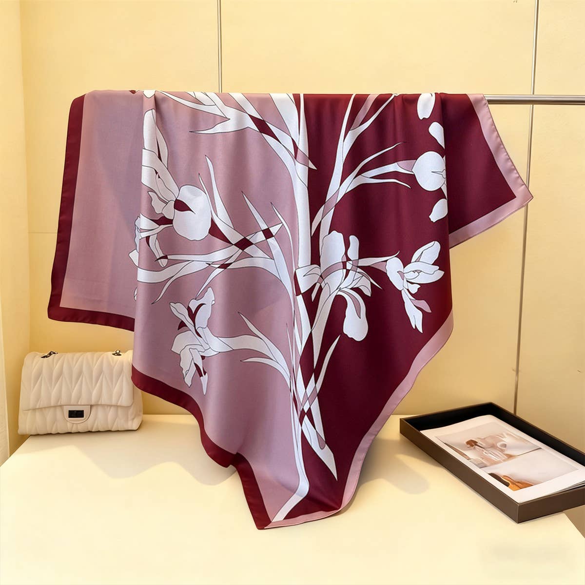 Retro Floral Faux Silk Square Neck Scarf_Cwasc03436