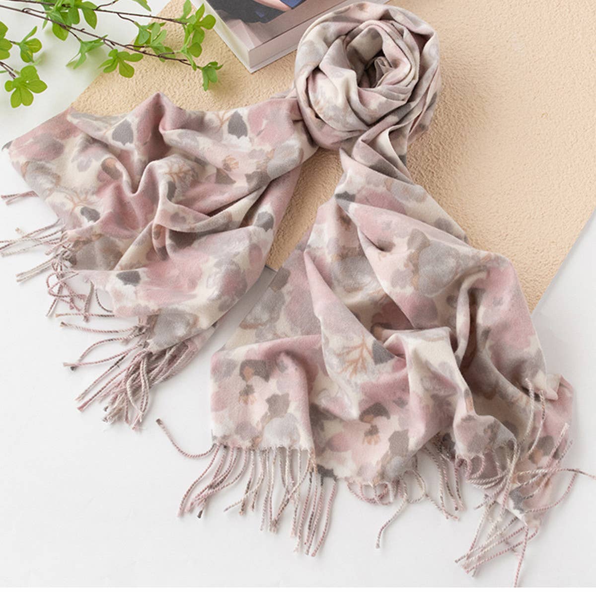FLORAL FAUX CASHMERE SCARF SOFT WARM TASSEL SHAWL_CWASC0913